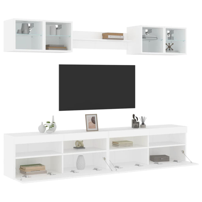 Set comode TV de perete, 8 piese, cu lumini LED, alb WALTI