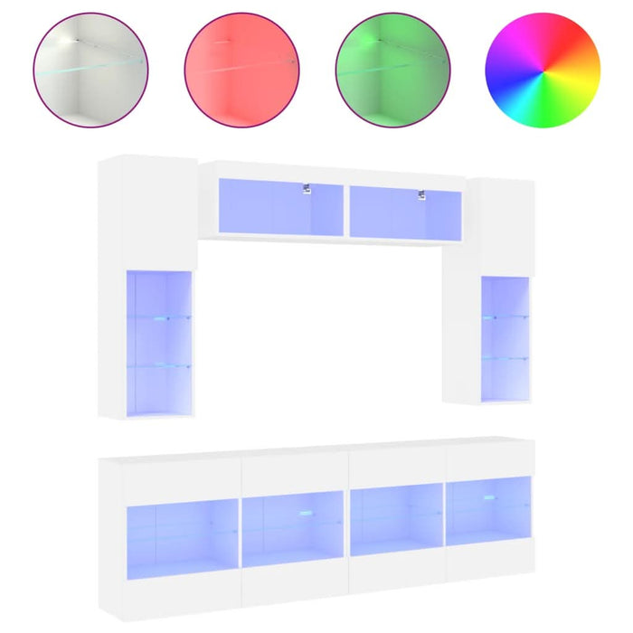 Set comode TV de perete, 6 piese, cu lumini LED, alb - WALTI WALTI