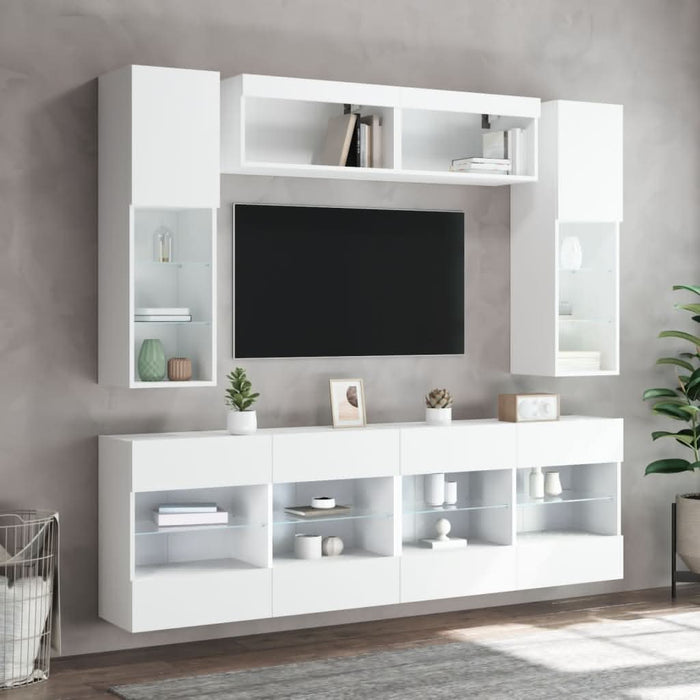 Set comode TV de perete, 6 piese, cu lumini LED, alb - WALTI WALTI