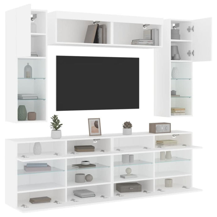 Set comode TV de perete, 6 piese, cu lumini LED, alb - WALTI WALTI