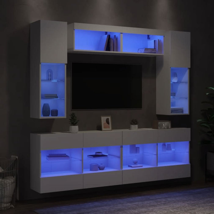 Set comode TV de perete, 6 piese, cu lumini LED, alb - WALTI WALTI