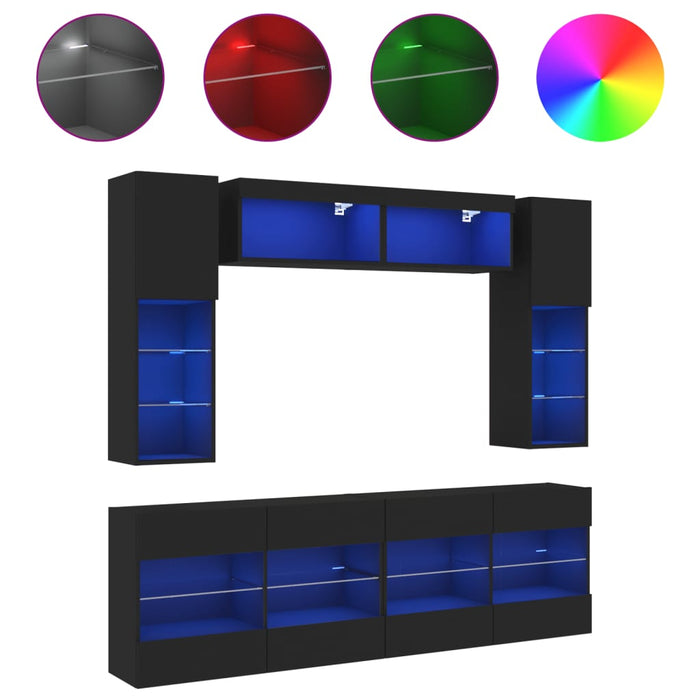 Set comode TV de perete, 6 piese, cu lumini LED, negru WALTI