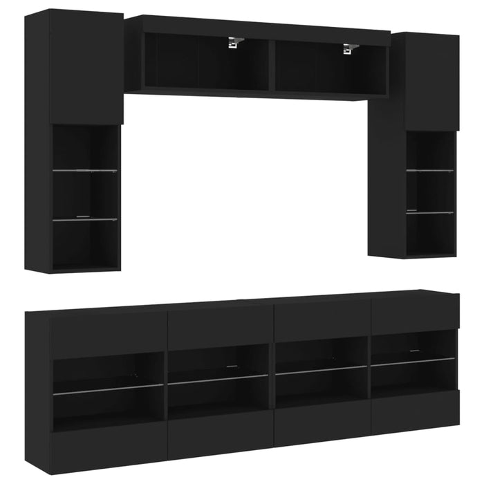 Set comode TV de perete, 6 piese, cu lumini LED, negru WALTI