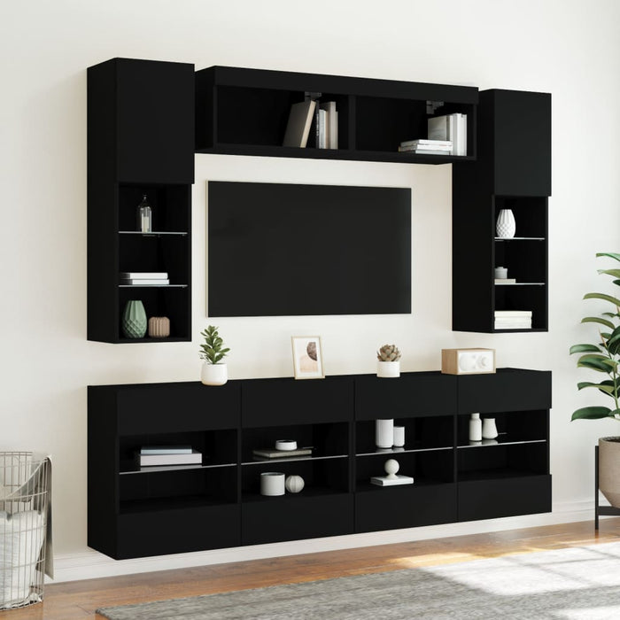 Set comode TV de perete, 6 piese, cu lumini LED, negru WALTI