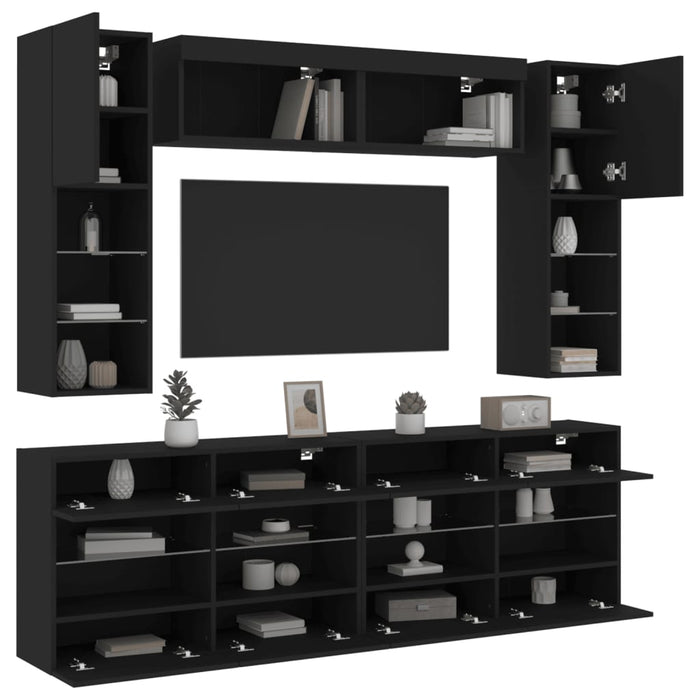 Set comode TV de perete, 6 piese, cu lumini LED, negru WALTI