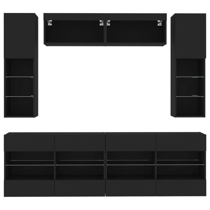 Set comode TV de perete, 6 piese, cu lumini LED, negru WALTI