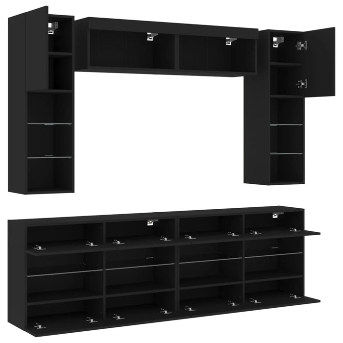 Set comode TV de perete, 6 piese, cu lumini LED, negru WALTI