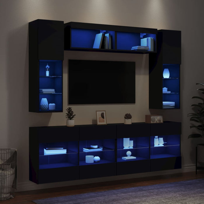 Set comode TV de perete, 6 piese, cu lumini LED, negru WALTI