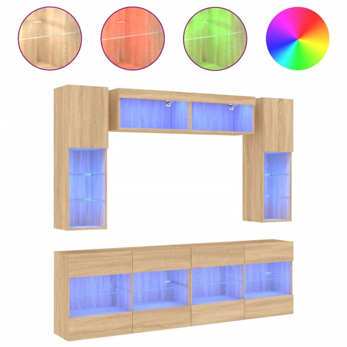 Comode TV de perete cu lumini LED, 6 piese, stejar sonoma - WALTI WALTI