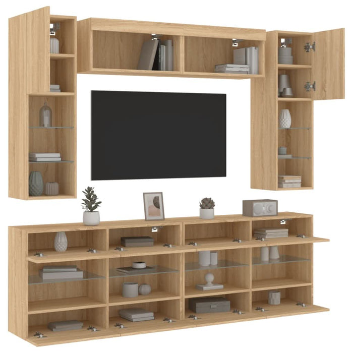 Comode TV de perete cu lumini LED, 6 piese, stejar sonoma - WALTI WALTI