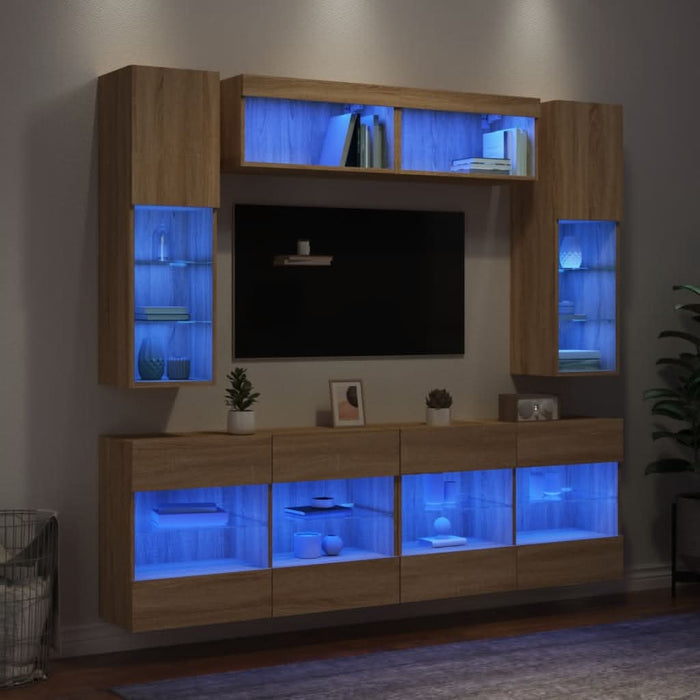Comode TV de perete cu lumini LED, 6 piese, stejar sonoma - WALTI WALTI