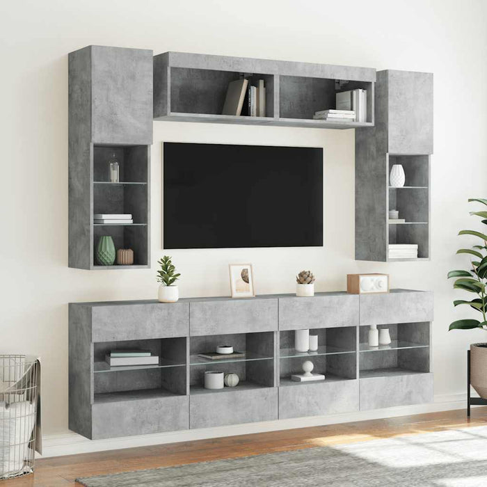 Set comode TV de perete cu lumini LED, 6 piese, gri beton - WALTI WALTI