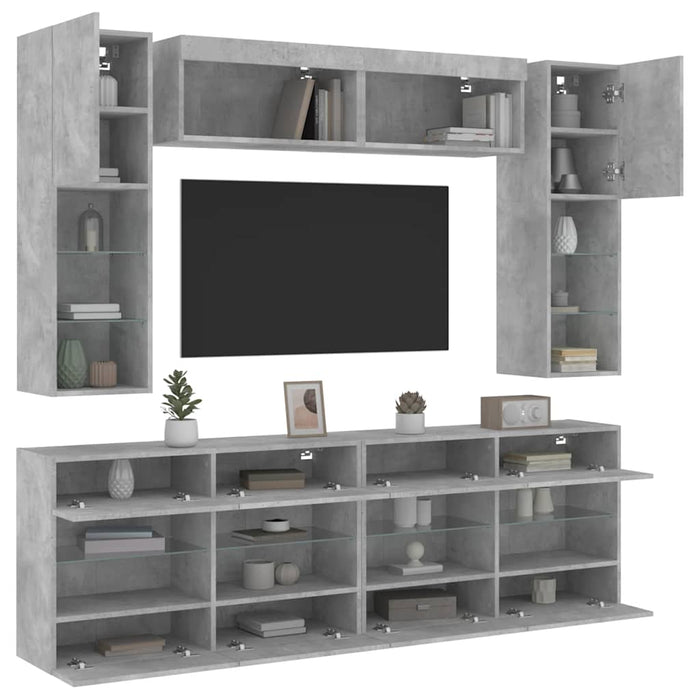 Set comode TV de perete cu lumini LED, 6 piese, gri beton - WALTI WALTI