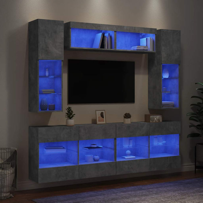 Set comode TV de perete cu lumini LED, 6 piese, gri beton - WALTI WALTI