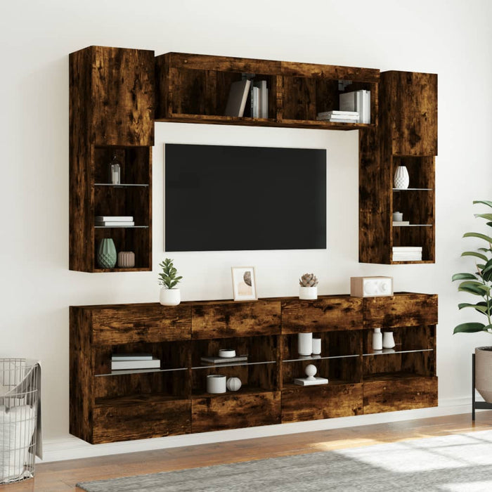 Comode TV de perete cu lumini LED, 6 piese, stejar fumuriu - WALTI WALTI
