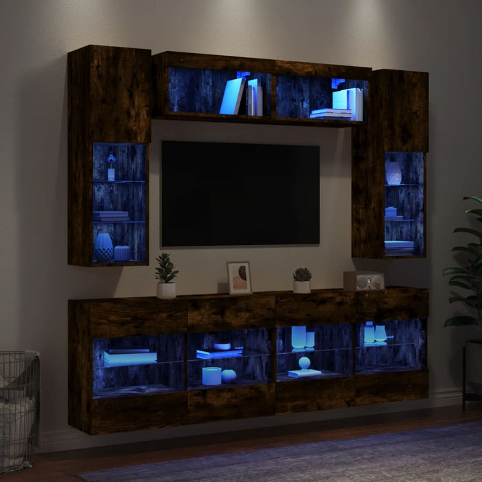 Comode TV de perete cu lumini LED, 6 piese, stejar fumuriu - WALTI WALTI