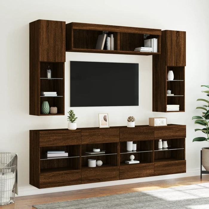 Comode TV de perete cu lumini LED, 6 piese, stejar maro WALTI