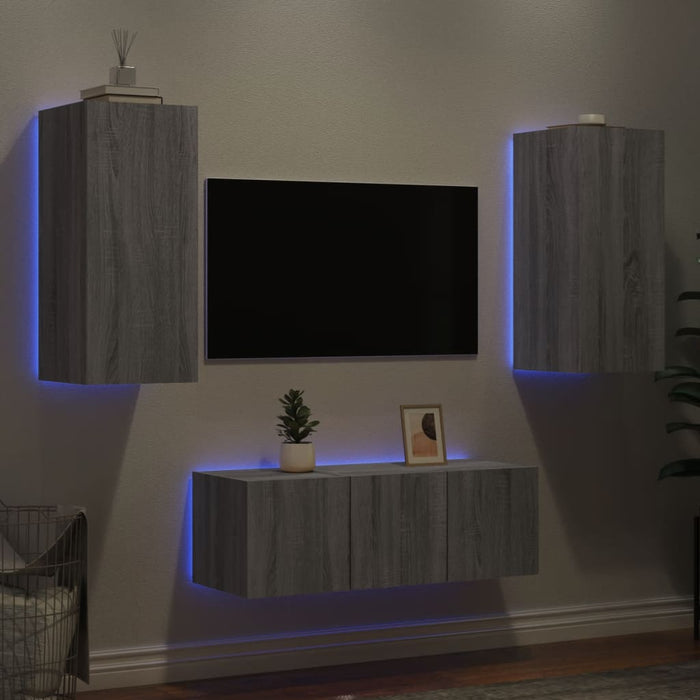 Unități de perete TV cu LED-uri, 4 piese, gri sonoma, lemn WALTI