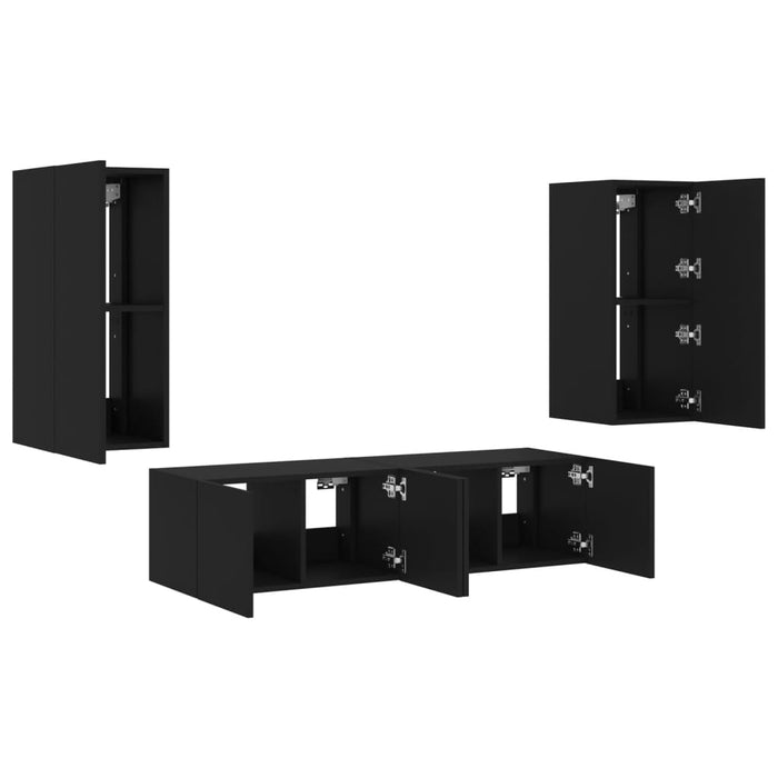 Unități de perete TV cu LED-uri, 4 piese, negru, lemn prelucrat WALTI