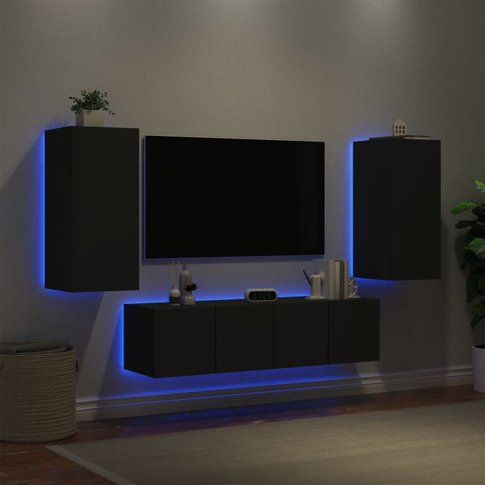 Unități de perete TV cu LED-uri, 4 piese, negru, lemn prelucrat WALTI