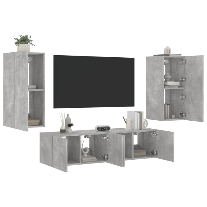 Unități TV de perete cu LED-uri 4 piese gri beton lemn compozit WALTI