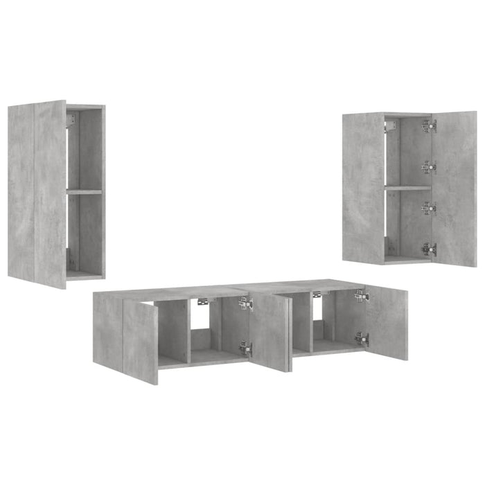 Unități TV de perete cu LED-uri 4 piese gri beton lemn compozit WALTI