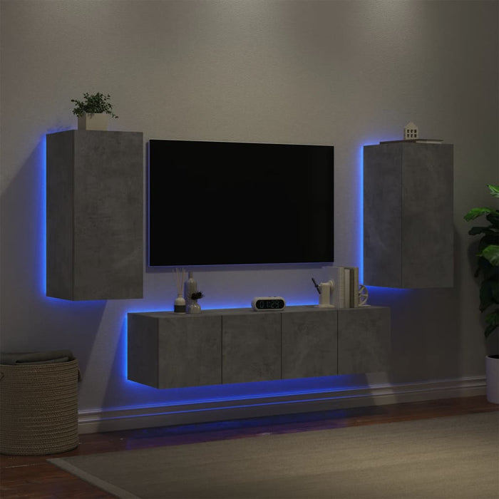 Unități TV de perete cu LED-uri 4 piese gri beton lemn compozit WALTI