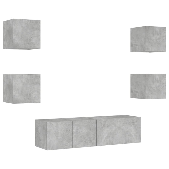 Unități TV de perete cu LED-uri 6 piese gri beton lemn compozit WALTI