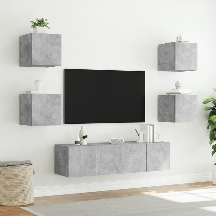 Unități TV de perete cu LED-uri 6 piese gri beton lemn compozit WALTI