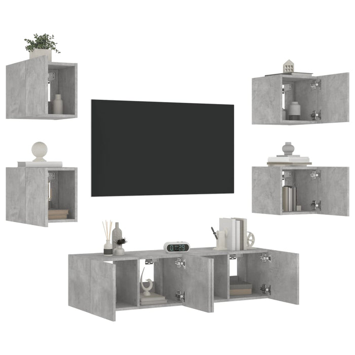 Unități TV de perete cu LED-uri 6 piese gri beton lemn compozit WALTI