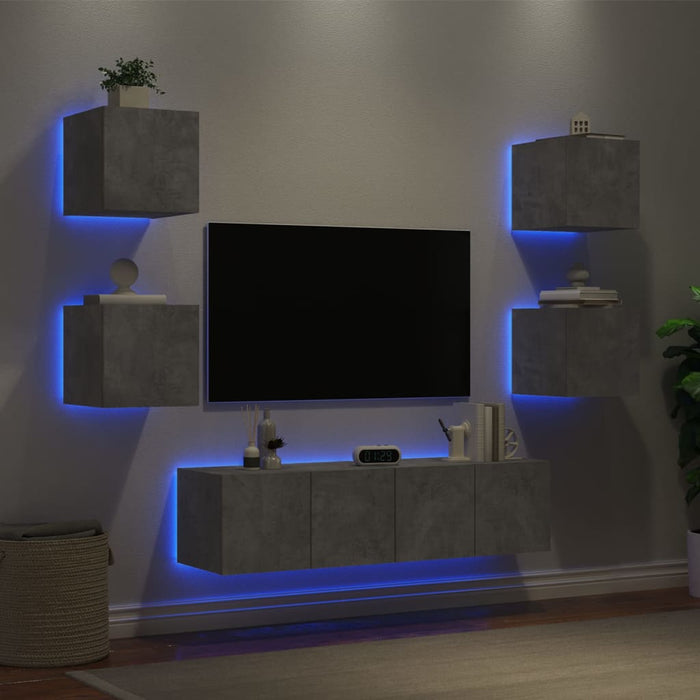 Unități TV de perete cu LED-uri 6 piese gri beton lemn compozit WALTI