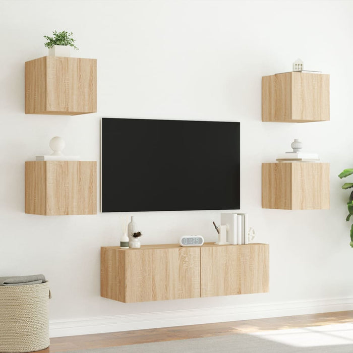 Comode TV de perete cu lumini LED, 5 piese, stejar sonoma - WALTI WALTI