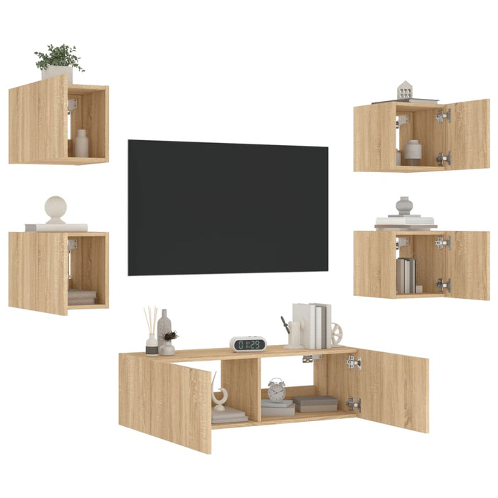 Comode TV de perete cu lumini LED, 5 piese, stejar sonoma - WALTI WALTI