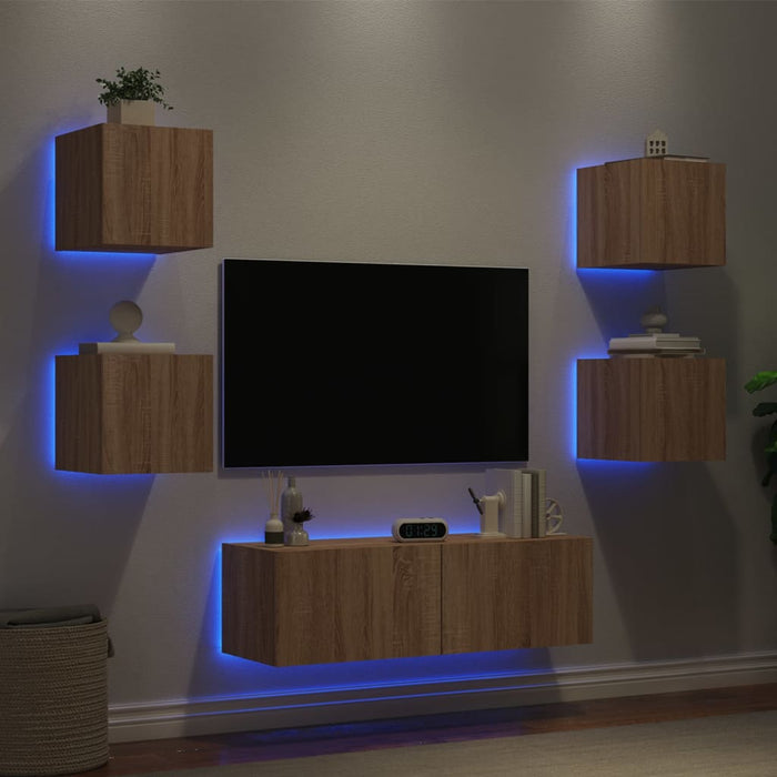 Comode TV de perete cu lumini LED, 5 piese, stejar sonoma - WALTI WALTI