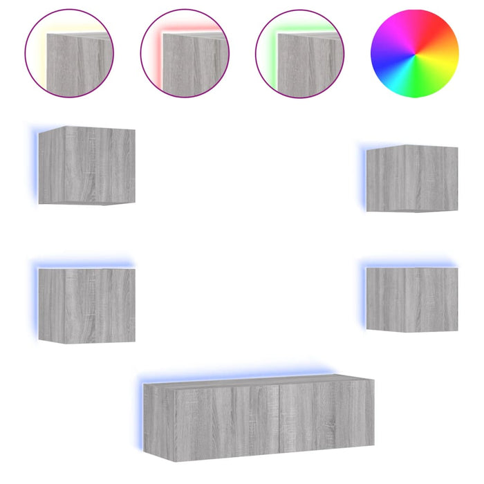 Comode TV de perete cu lumini LED, 5 piese, gri sonoma WALTI