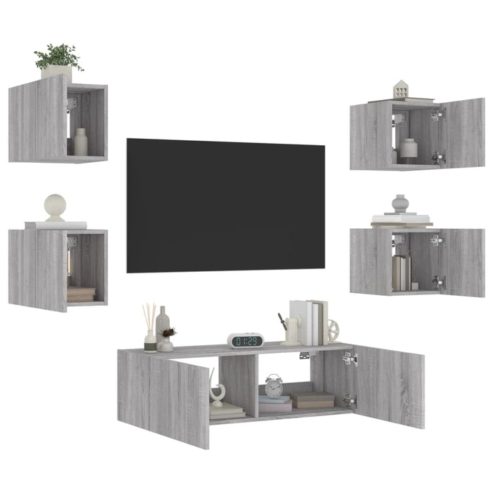 Comode TV de perete cu lumini LED, 5 piese, gri sonoma WALTI