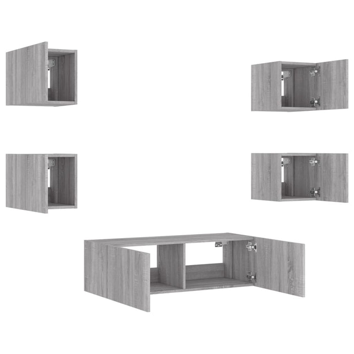 Comode TV de perete cu lumini LED, 5 piese, gri sonoma WALTI