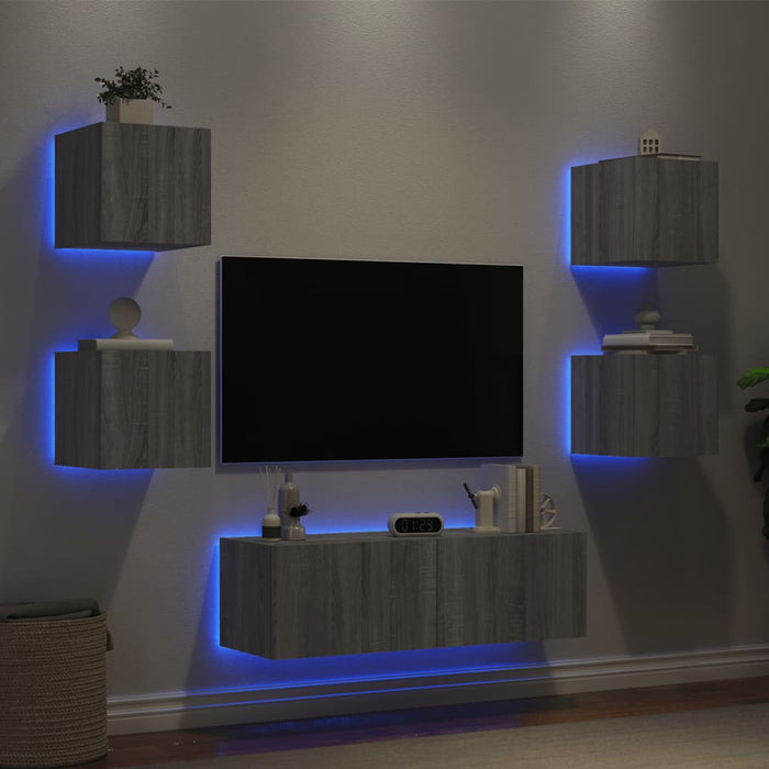 Comode TV de perete cu lumini LED, 5 piese, gri sonoma WALTI