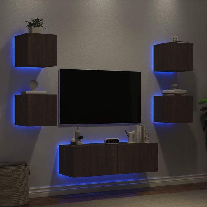 Comode TV de perete cu lumini LED, 5 piese, stejar maro WALTI