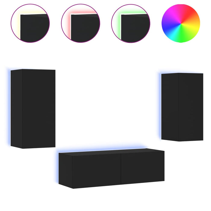 Comode TV de perete cu lumini LED, 3 piese, negru WALTI