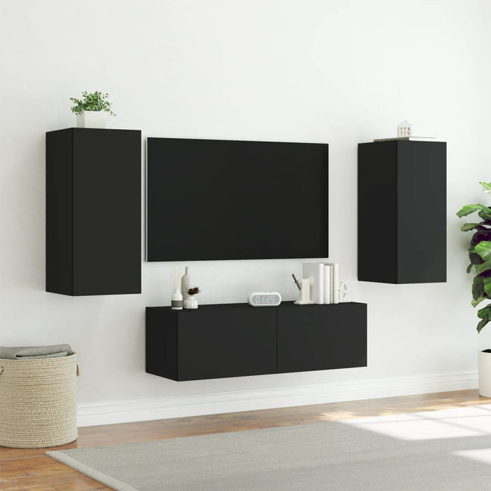 Comode TV de perete cu lumini LED, 3 piese, negru WALTI