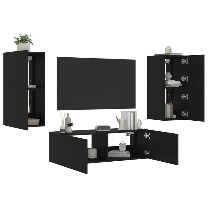 Comode TV de perete cu lumini LED, 3 piese, negru WALTI