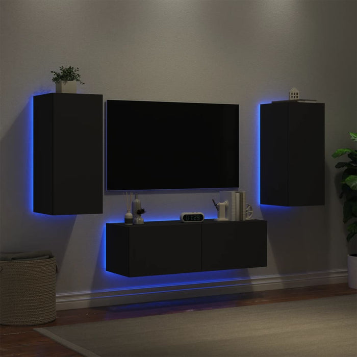 Comode TV de perete cu lumini LED, 3 piese, negru WALTI