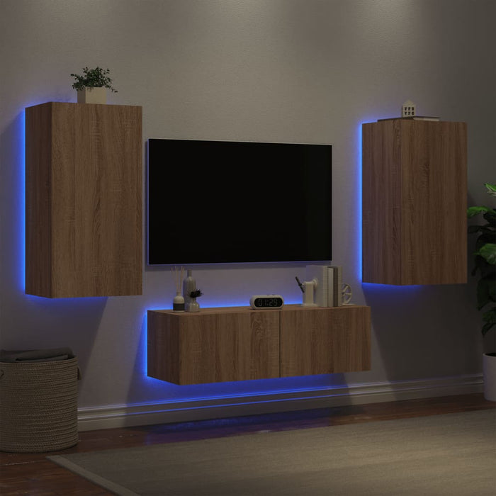 Comode TV de perete cu lumini LED, 3 piese, stejar sonoma - WALTI WALTI