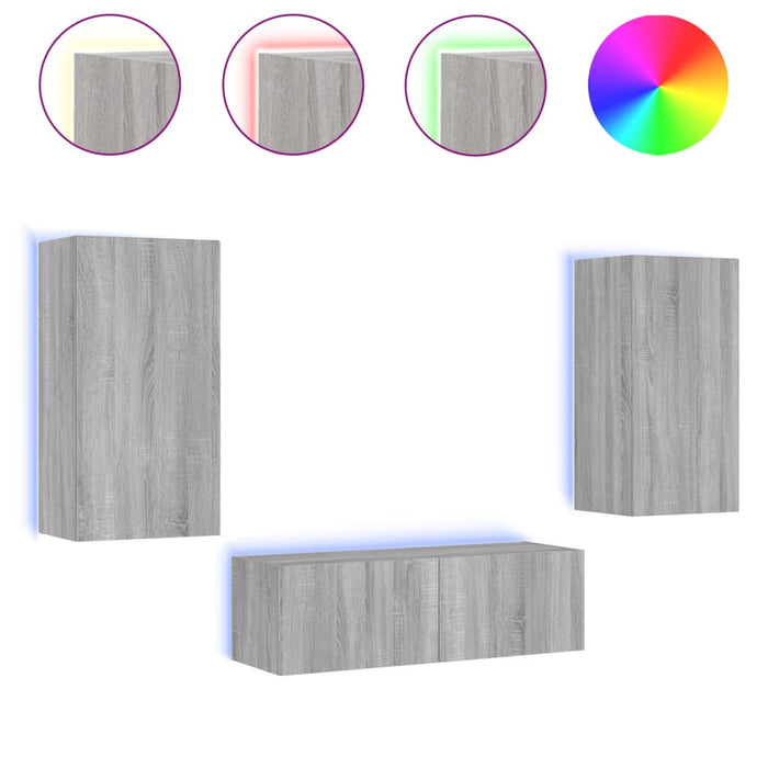 Comode TV de perete cu lumini LED, 3 piese, gri sonoma WALTI