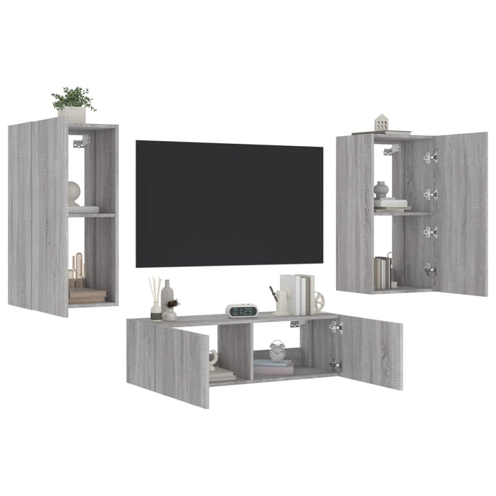 Comode TV de perete cu lumini LED, 3 piese, gri sonoma WALTI