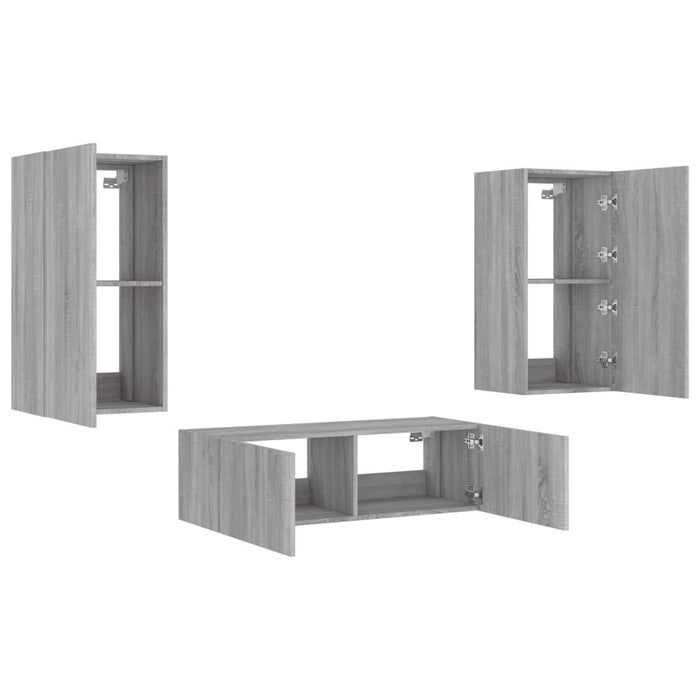Comode TV de perete cu lumini LED, 3 piese, gri sonoma WALTI