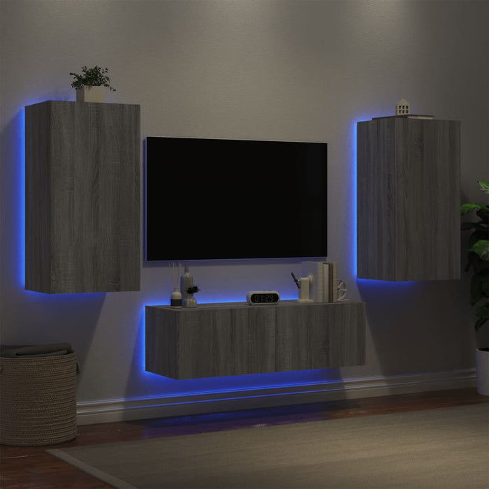 Comode TV de perete cu lumini LED, 3 piese, gri sonoma WALTI