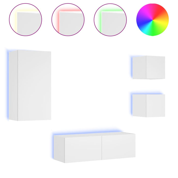 Comode TV de perete cu lumini LED, 4 piese, alb - WALTI WALTI