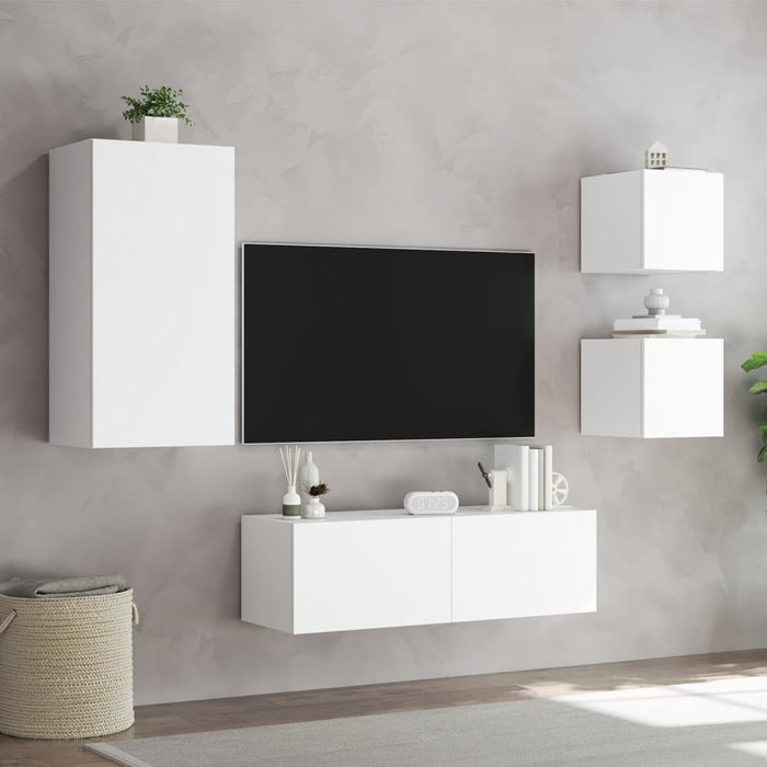 Comode TV de perete cu lumini LED, 4 piese, alb - WALTI WALTI